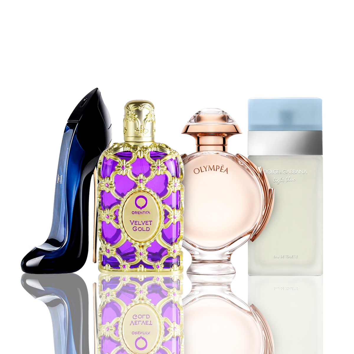 Set di 4 profumi | Light Blue + Orientica Velvet Gold + Good Girl + Olympea 100 ml