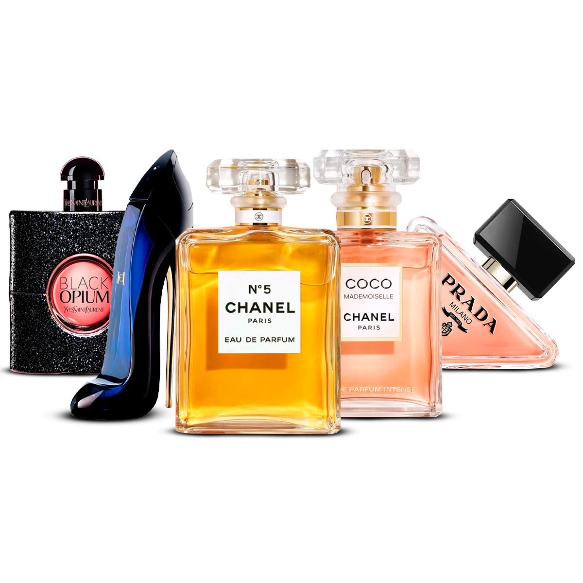 Set di 5 profumi – Black Opium, Good Girl, Chanel N°5, Coco Mademoiselle e Prada Paradoxe