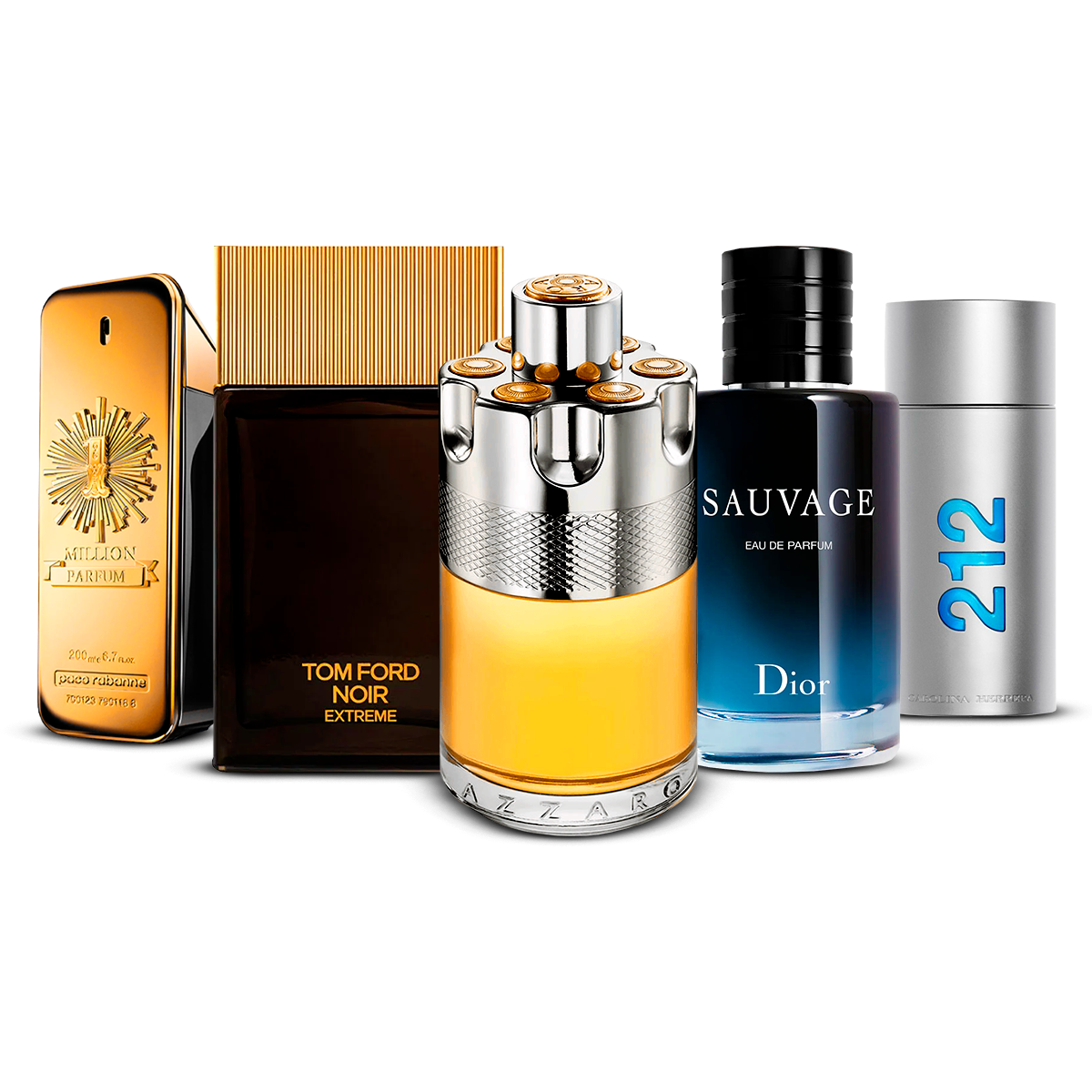 Set di 5 profumi – 1 Million, Tom Ford Noir Extrême, Azzaro Wanted, Sauvage e 212 Men